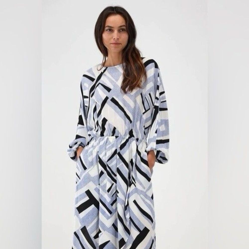 CLOSED Women’s Midi Dress Size XS Asymmetric Hem Gathered SILK Blend Galaxy Blue